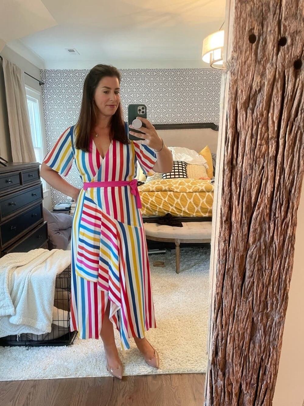 COLOR ME COURTNEY White Multicolor Stripes Taira Front Slit Wrap Dress size XS